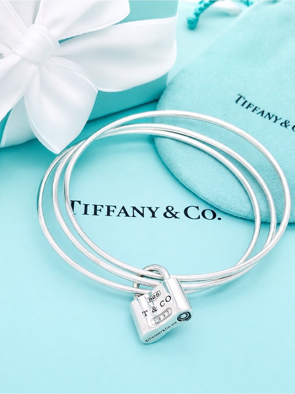 Rare Tiffany & Co 1837 Padlock Triple Wire Bangle Bracelet Sterling Silver 7.5”